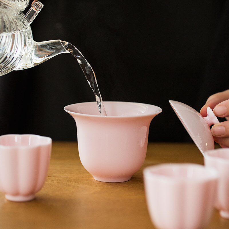 便携旅行茶具盖碗小泡茶杯樱花粉快客杯功夫收纳包户外一壶三杯