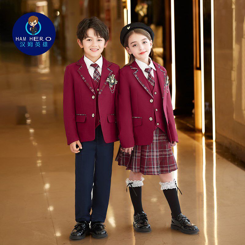 红色男女童西装马甲套装小学生校服班服长袖衬衫朗诵主持人演出服