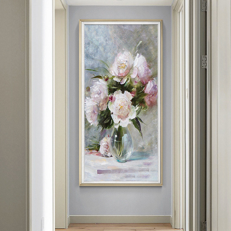 手绘油画竖版玄关饭厅挂画客厅餐柜过道入户手工花卉定制装饰画