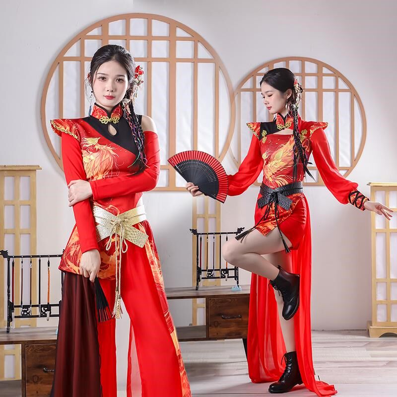 中国风爵士演出服新款打鼓服红色女团国潮风舞台装打歌服古风舞蹈