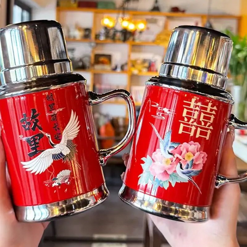 创意覆古保温杯子女带盖喝水壶结婚一对情侣水杯老式泡茶水杯国潮