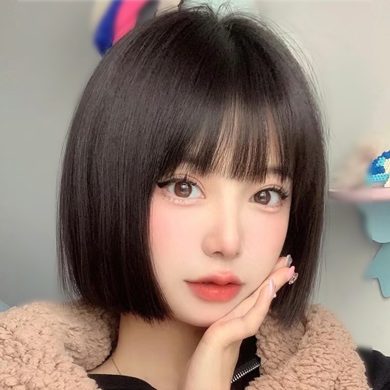 假发全头套女真人发丝短发日常黑色自然全真方圆脸发套中分波波头