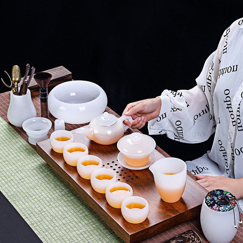 轻奢高档茶具套装家用琉璃盖碗泡茶器茶壶办公室白玉功夫茶杯礼盒