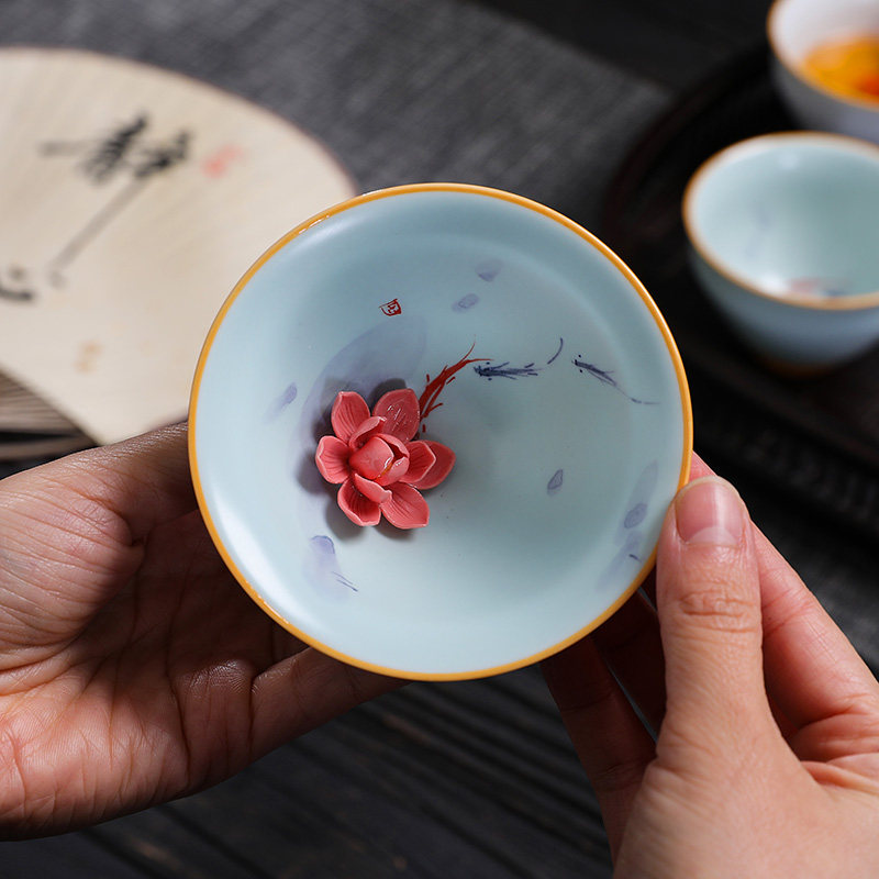 尚云品 手绘汝窑开片可养茶杯手捏花主人杯个人专用陶瓷品茗杯子
