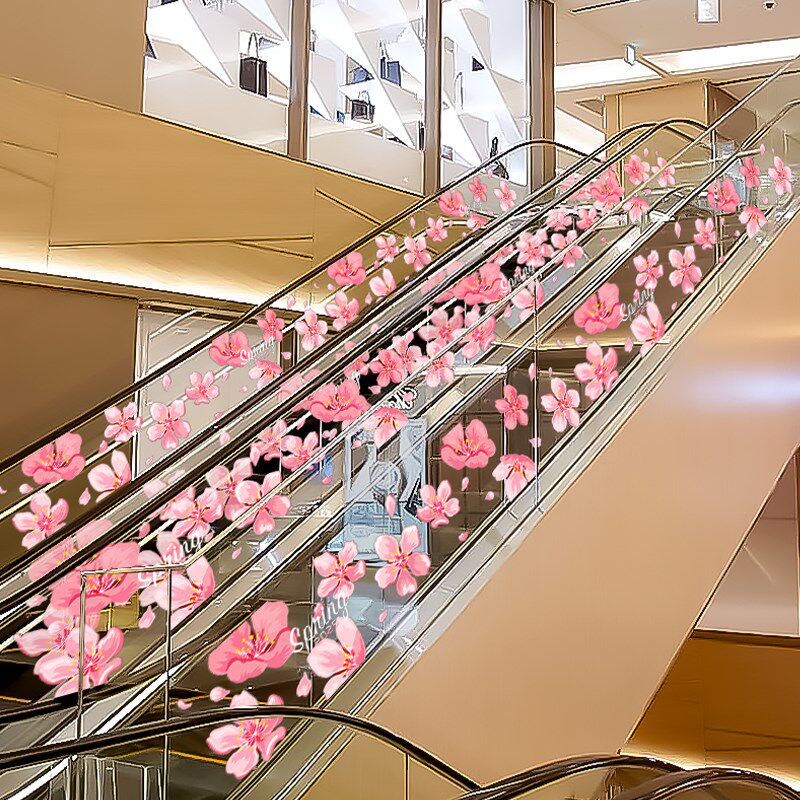 春天粉色樱花装饰品玻璃门静电贴纸商场店铺橱窗围栏氛围布置贴画