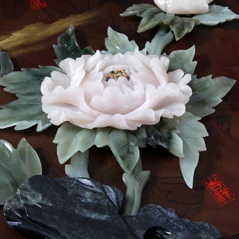 玉雕画挂件客厅书房玄关背景墙壁装饰仿古中式雕刻工艺品圆形牡丹
