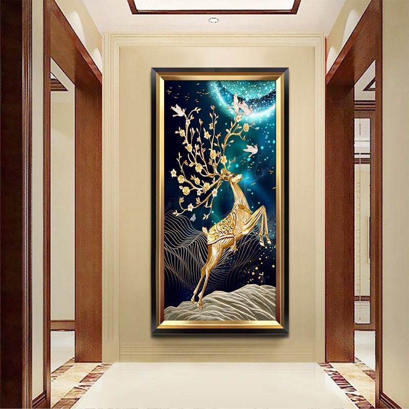 招财鹿入户玄关装饰画欧式过道壁画竖版走廊尽头挂画美式客厅竖版