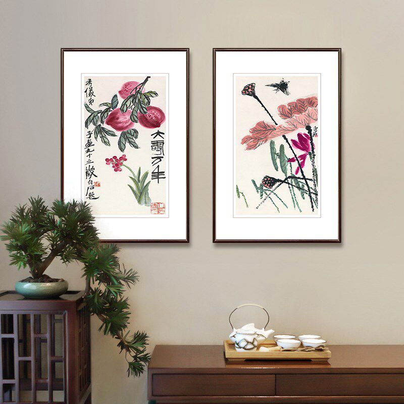 新中式玄关装饰画餐厅壁画客厅挂画齐白石福寿双全国画花鸟画字画