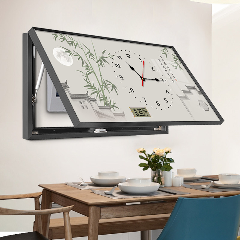 新中式大尺寸电表箱装饰画带钟表遮挡电闸盒配电箱竹子餐厅挂画