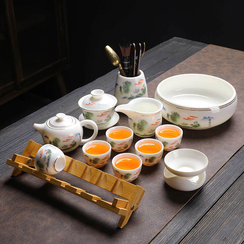 整套羊脂玉白瓷茶具家用简约中式功夫泡茶壶盖碗陶瓷小茶杯带杯架