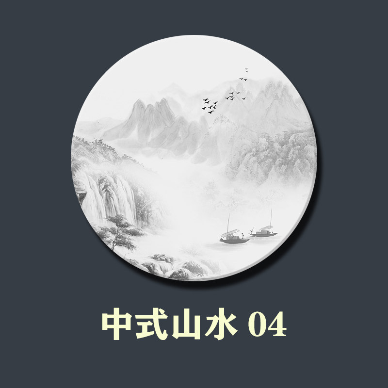 中式山水屏风隔断玄关背景墙双面大理石画定制圆形装饰画加工定做