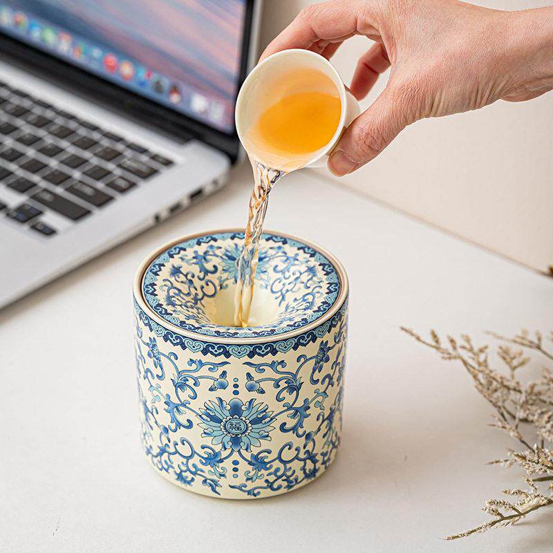 汝缸窑茶青花烟灰带盖防家用灰商用渣缸无品牌/水盂杯洗陶瓷档茶