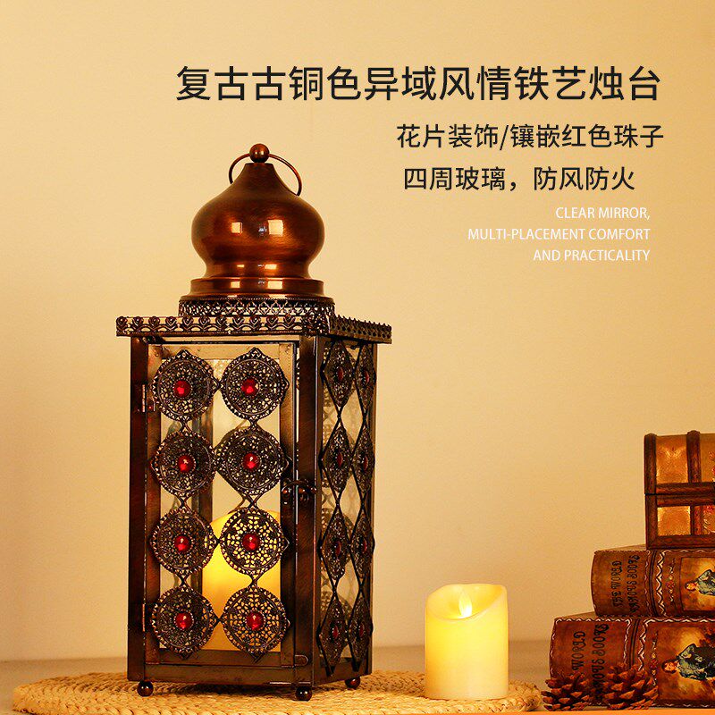 烛台复古提灯电镀古铜色防风蜡烛灯铁艺氛围灯防风罩怀旧摆件风灯