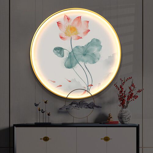 荷花圆形玄关装饰画带灯发光新中式客厅茶室走廊莲花led壁灯挂画