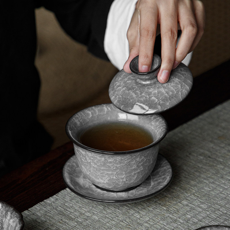黑冰三才盖碗单个大号高端功夫茶具悬停三才家用冰裂茶碗开片化冰