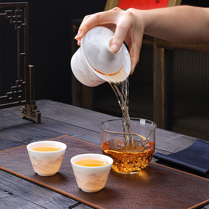 变色悬停漂移盖碗旅行茶具套装户外露营羊脂玉瓷泡茶便携式快客杯