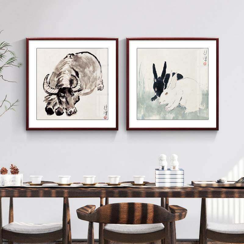 徐悲鸿十二生肖图新中式餐厅挂画斗方玄关装饰画走廊过道进门墙画