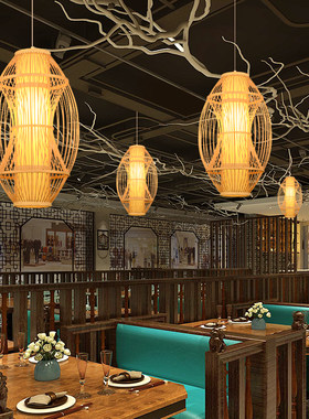 中式竹艺吊灯竹编田园餐厅饭店卧室阳台日式灯笼茶楼民宿灯具吊件