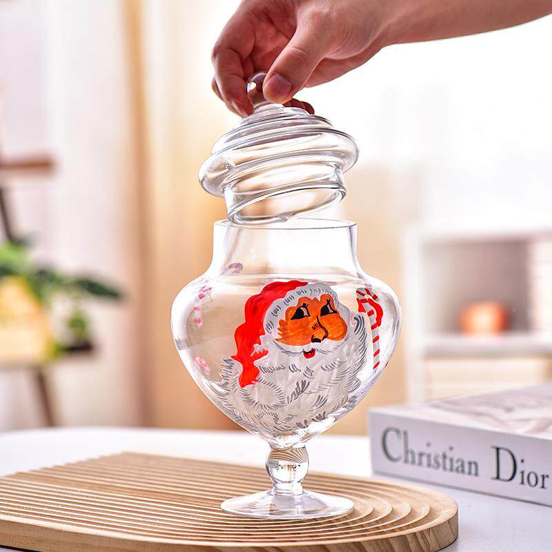 高脚透明手绘诞系带圣诞糖果列储物罐盖圣玻璃罐子手绘摆孤品圣诞