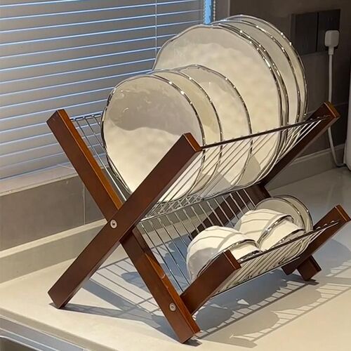 厨房沥水碗碟架中古碗碟不锈钢晾干置物架放N碗的架子家用竹制碗