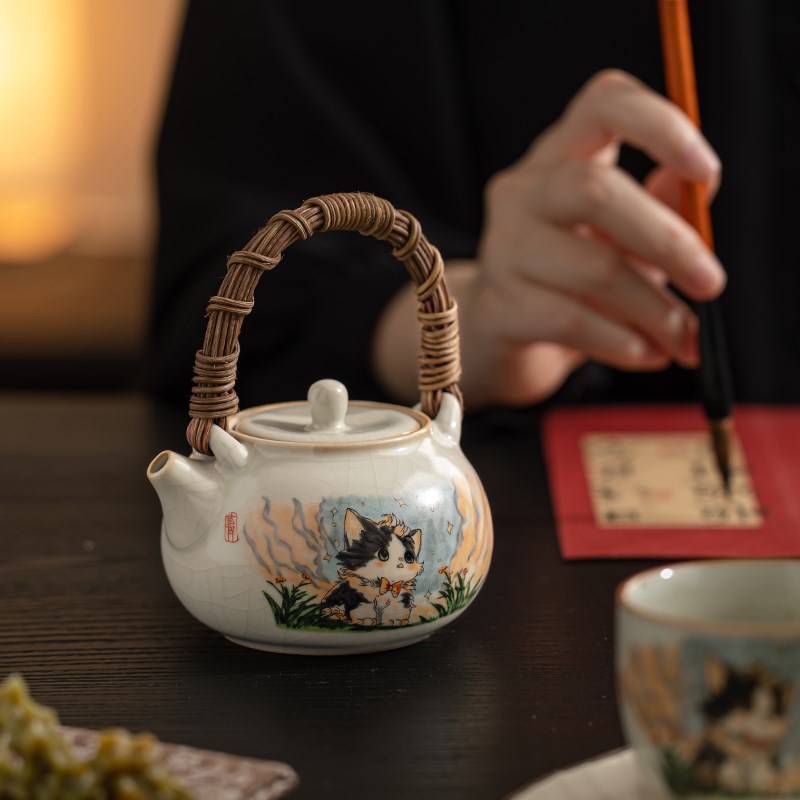 汝窑可爱猫提梁壶家用高档精致泡茶壶单壶焖茶壶功夫茶具开片可养