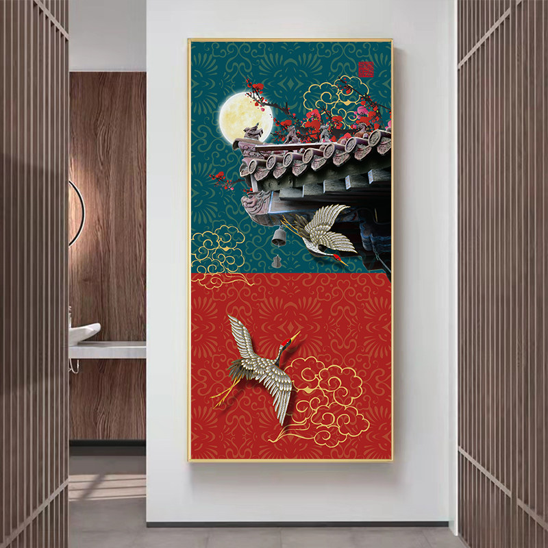 国潮装饰画中国红明清古典玄关走廊过道壁画新中式风花鸟建筑挂画