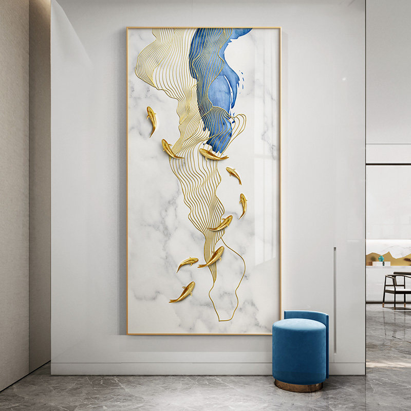 轻奢玄关装饰画竖版新中式客厅沙发背景墙挂画走廊过道尽头九鱼图