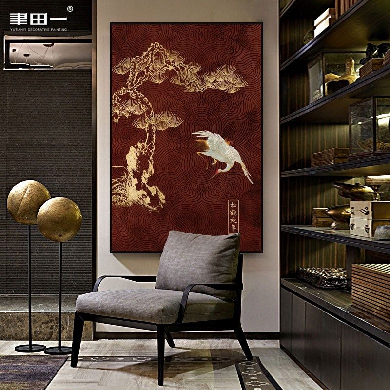 新中式客厅装饰画餐厅仙鹤延年重彩壁画展厅玄关过道寓意茶室挂画