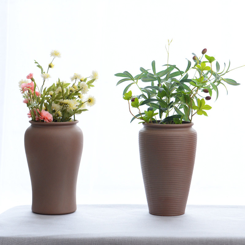 粗陶复古陶瓷花瓶插干花客厅家居装饰品禅意插花木头陶艺花器摆件