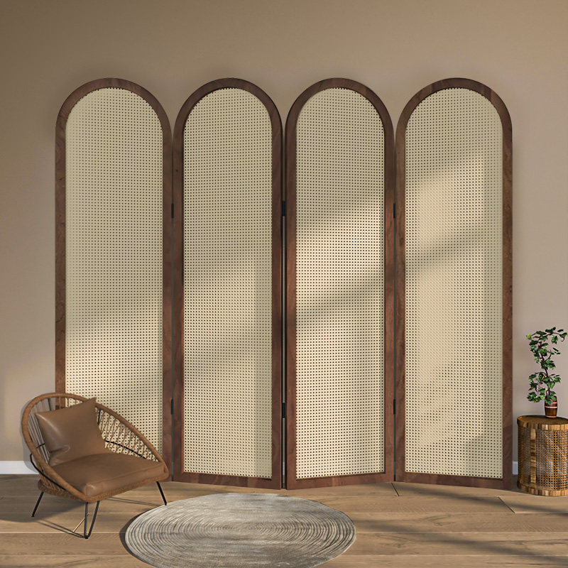 藤编实木屏风隔断新中式遮挡家用客厅办公室酒店民宿导圆玄关折屏