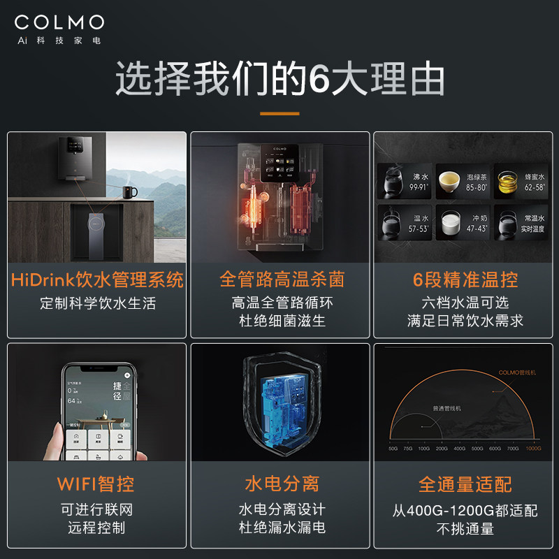 COLMO家用全自动智能管线机壁挂即热式制冷饮水机ra08/da01/da03