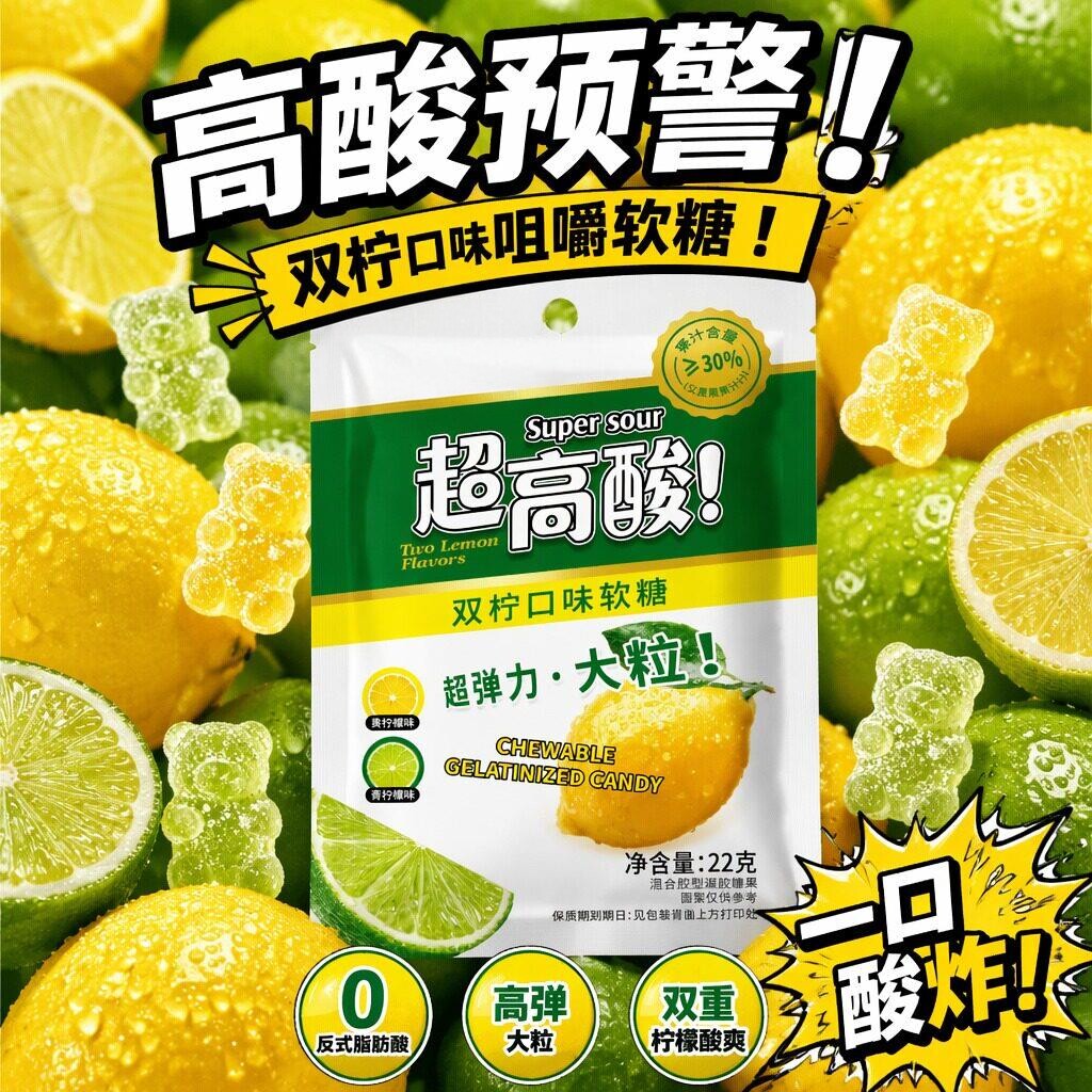 超高酸软糖双柠口味大颗粒Q弹果汁软糖休闲解馋儿童糖果零食