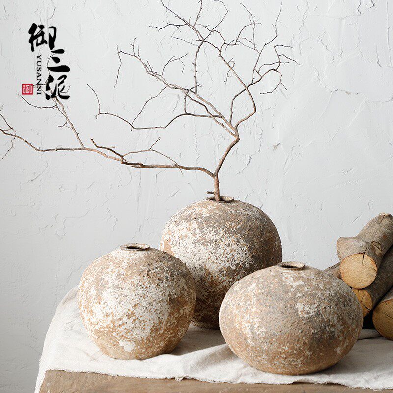 复古茶室禅意手工小口粗陶花器做旧陶罐陶艺干花球形花瓶民宿文艺