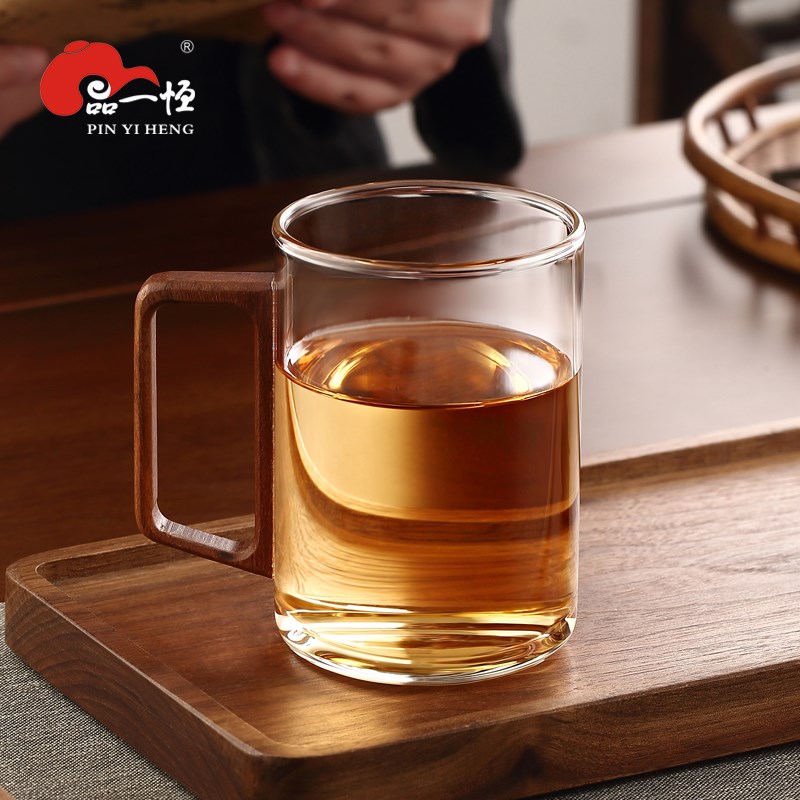 品一恒木把茶杯玻璃水杯加厚带把家用杯子简约功夫茶具茶水分离杯