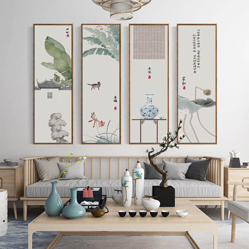 新中式装饰画客厅沙发背景墙壁挂画荷花茶室书房壁画中国风四联画