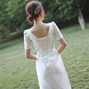 2026新款轻婚纱韩版结婚方领简约复古旅拍礼服女缎面森系齐地轻纱