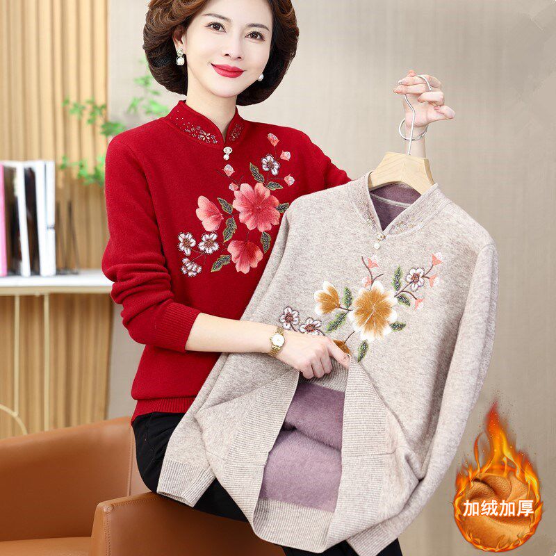 洋气妈妈旗袍毛衣一体绒打底衫中老年女婚宴喜庆婆婆加绒加厚上衣