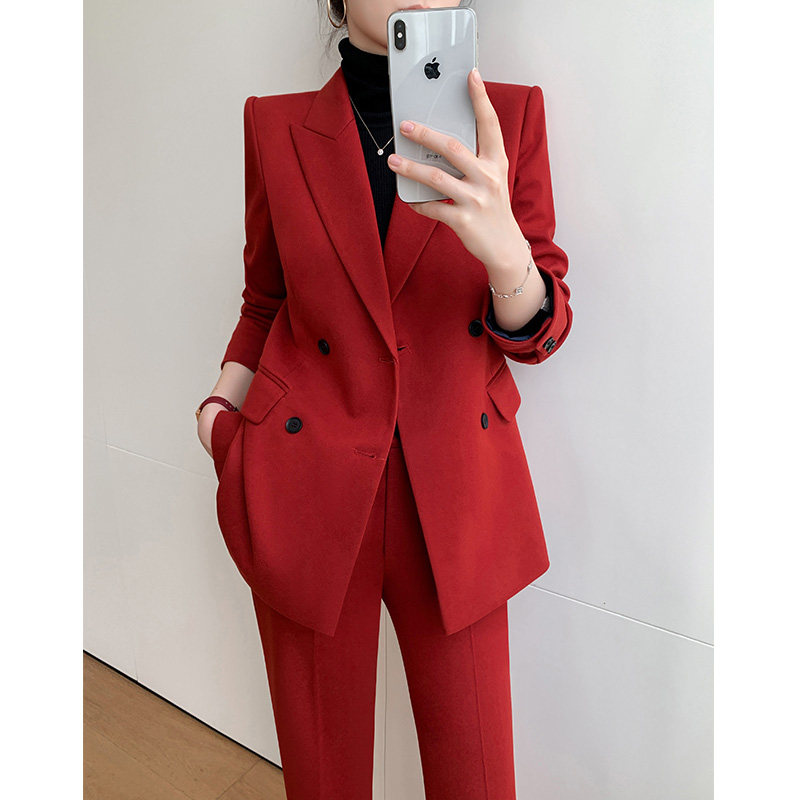 红色西装套装女高级感春秋时尚职业气质女神范正装阔腿裤休闲西服