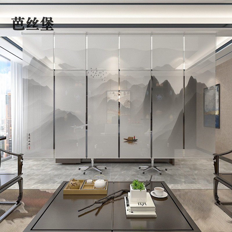 中式卷帘窗帘遮光悬挂卷帘式办公室窗帘升降手拉客厅隔断帘山水画
