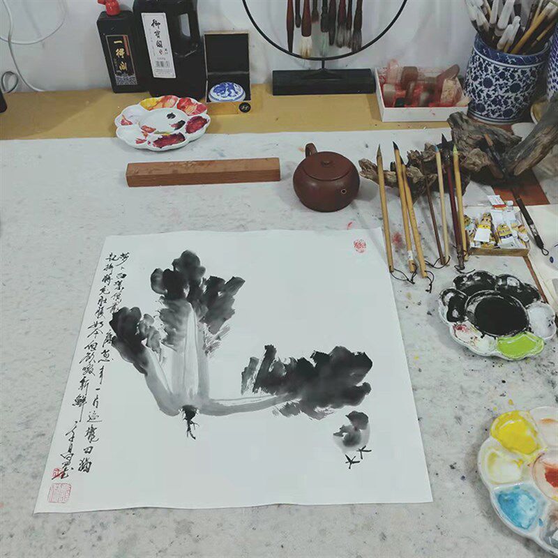 国画白菜蔬菜纯手绘画写意画三尺斗方字画木框挂画宣纸画芯水墨画