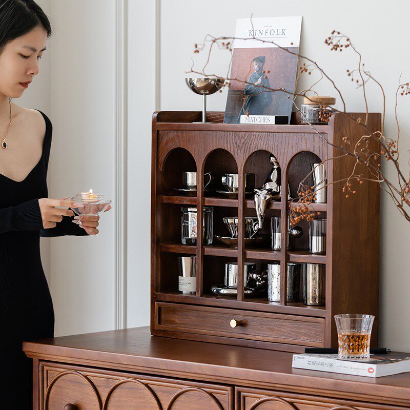 润家家居实木咖啡杯架置物柜桌面收纳架家用茶水台杯子储物展示架
