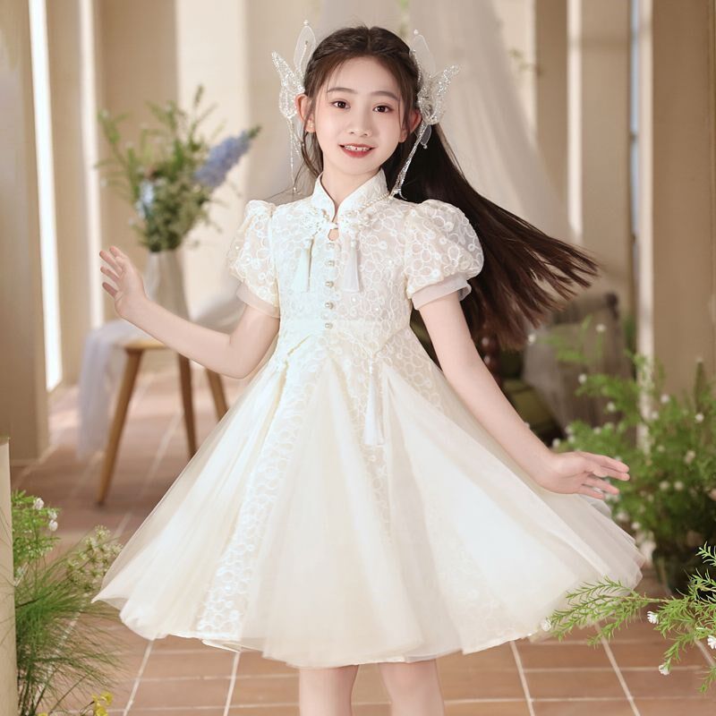 女童新中式连衣裙儿童2025夏装新款小女孩网纱夏款旗袍白色公主裙