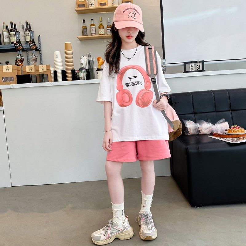 女童短袖套装夏季2024新款洋气女大童夏装T恤短裤儿童宽松t两件套