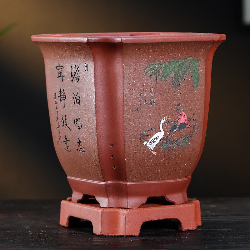 宜兴精品紫砂花盆兰花盆君子兰花盆大号陶瓷花盆高档客厅方盆带托
