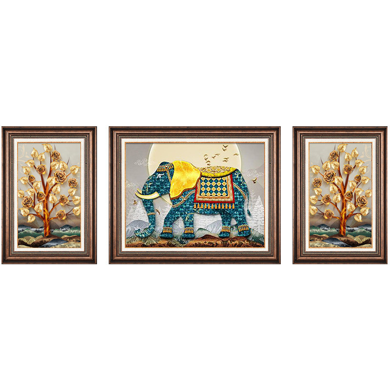 美式装饰画客厅沙发背景墙挂画大象鹿画欧式复古大气新中式三联画