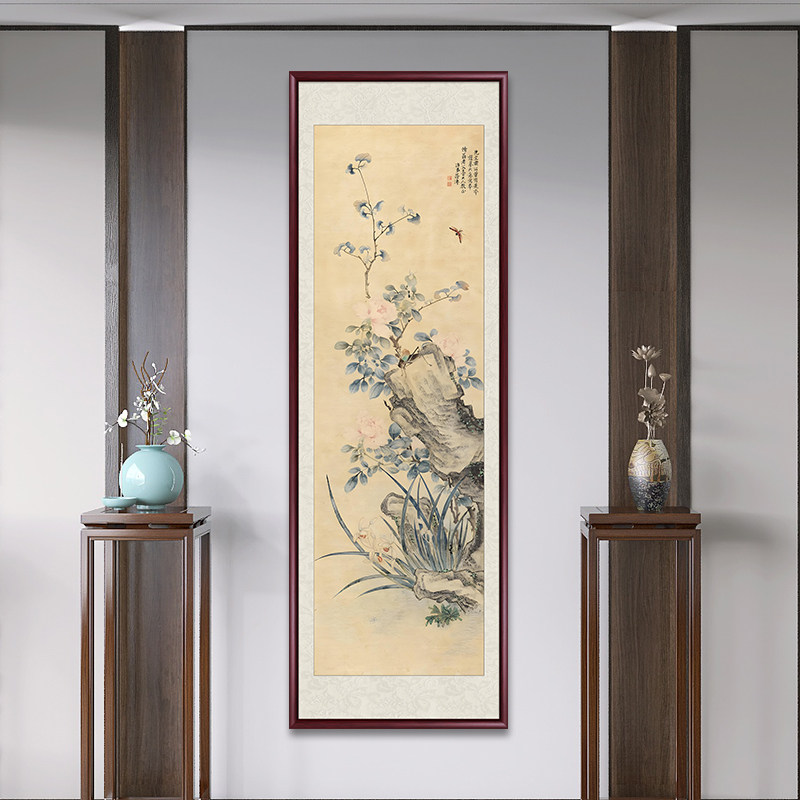 国画兰石图仿古字画玄关装饰画新中式客厅茶室背景墙风景竖款壁画