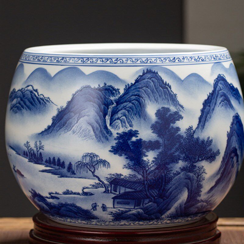 景德镇陶瓷手绘青花瓷聚宝盆客厅入口桌面中式装饰物吉祥鱼缸