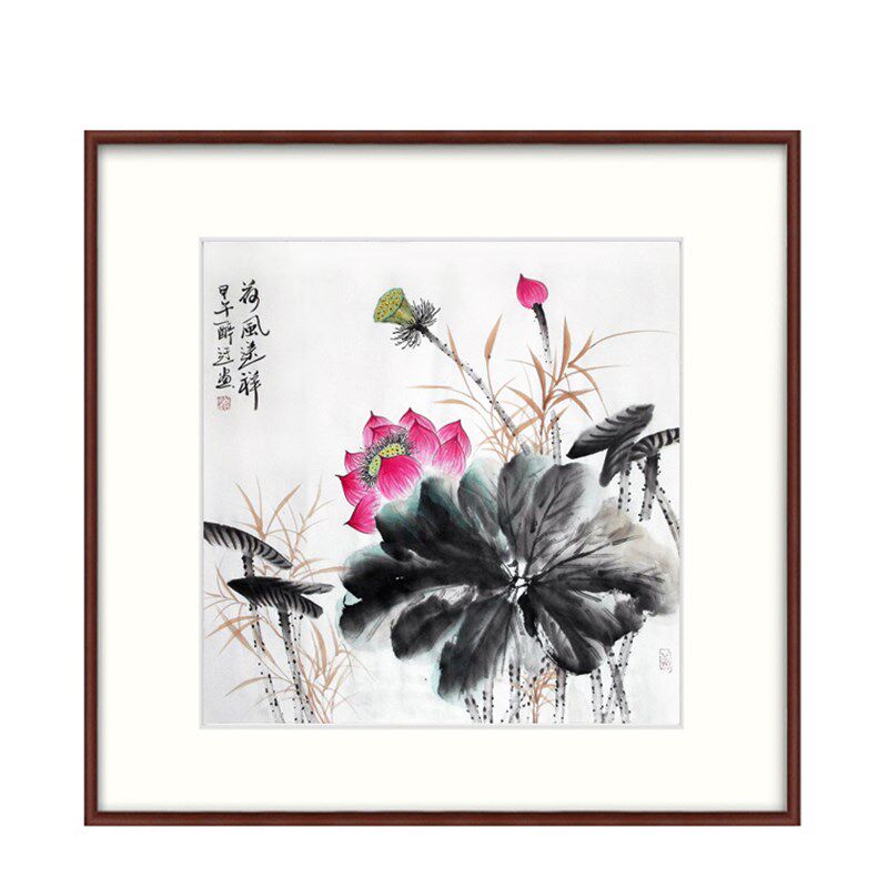 手绘国画字画客厅酒店卧室青蛙鸳鸯莲花鸟写意裱镜框水墨斗方荷花