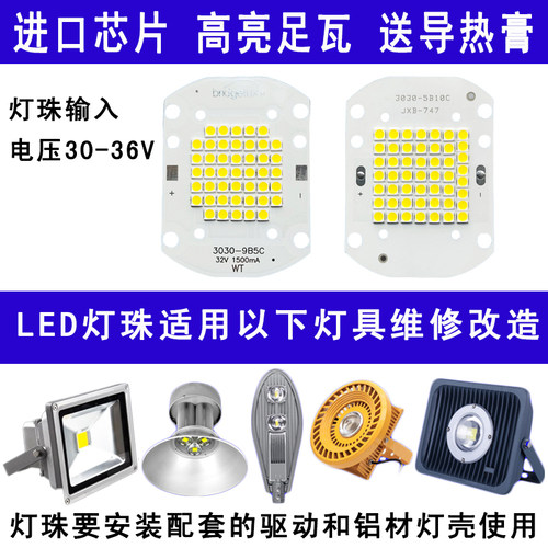 led路灯投光灯灯芯片户外照明50W工矿防爆射灯灯珠光源板驱动电源