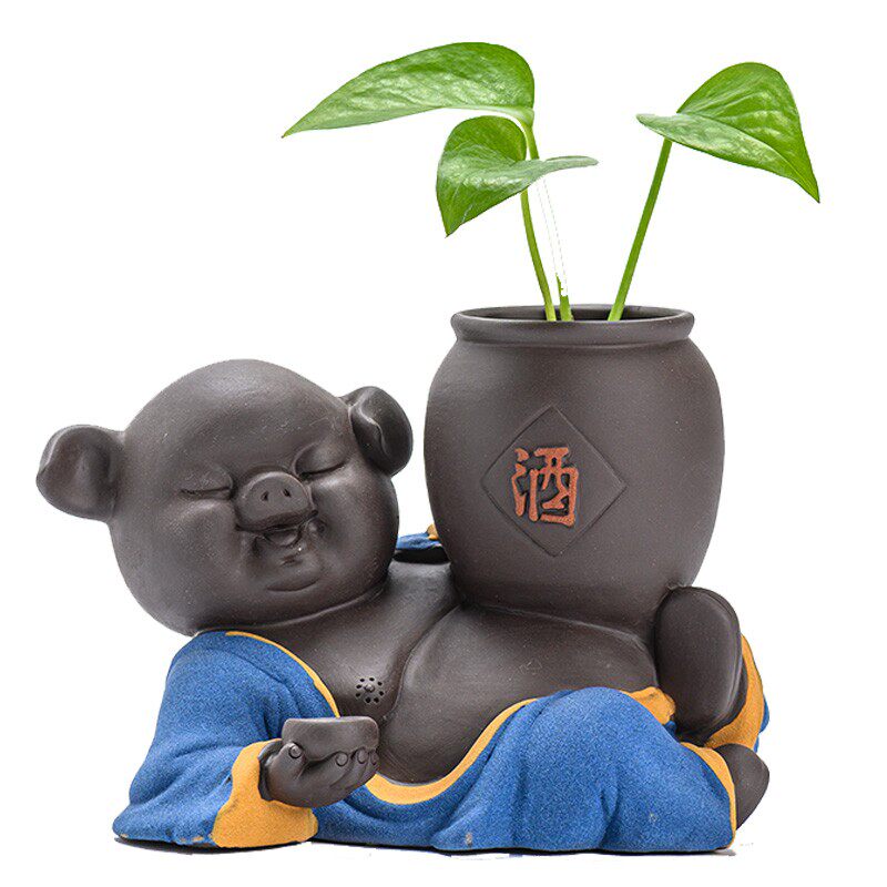 创意猪绿萝水培植物养花花瓶插花容器花盆陶瓷桌面装饰茶宠摆件